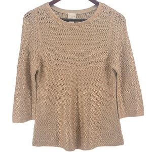 Chico’s Womens Knit Top 3 Quarter Sleeve Beige with Light Pink Shimmer 10543